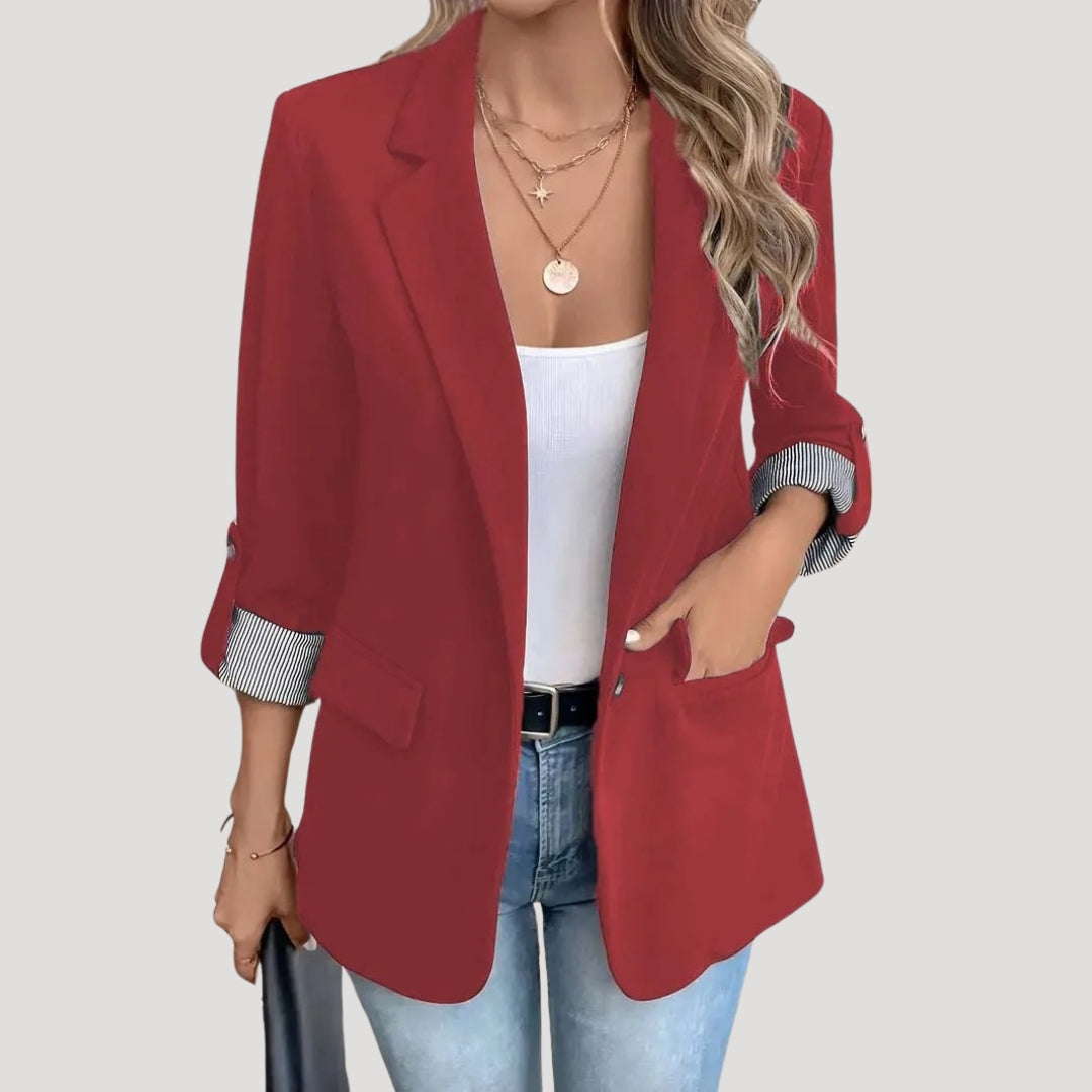 Lightweight women's tailored blazer with roll-up sleeves, perfect for summer office wear & business casual events.