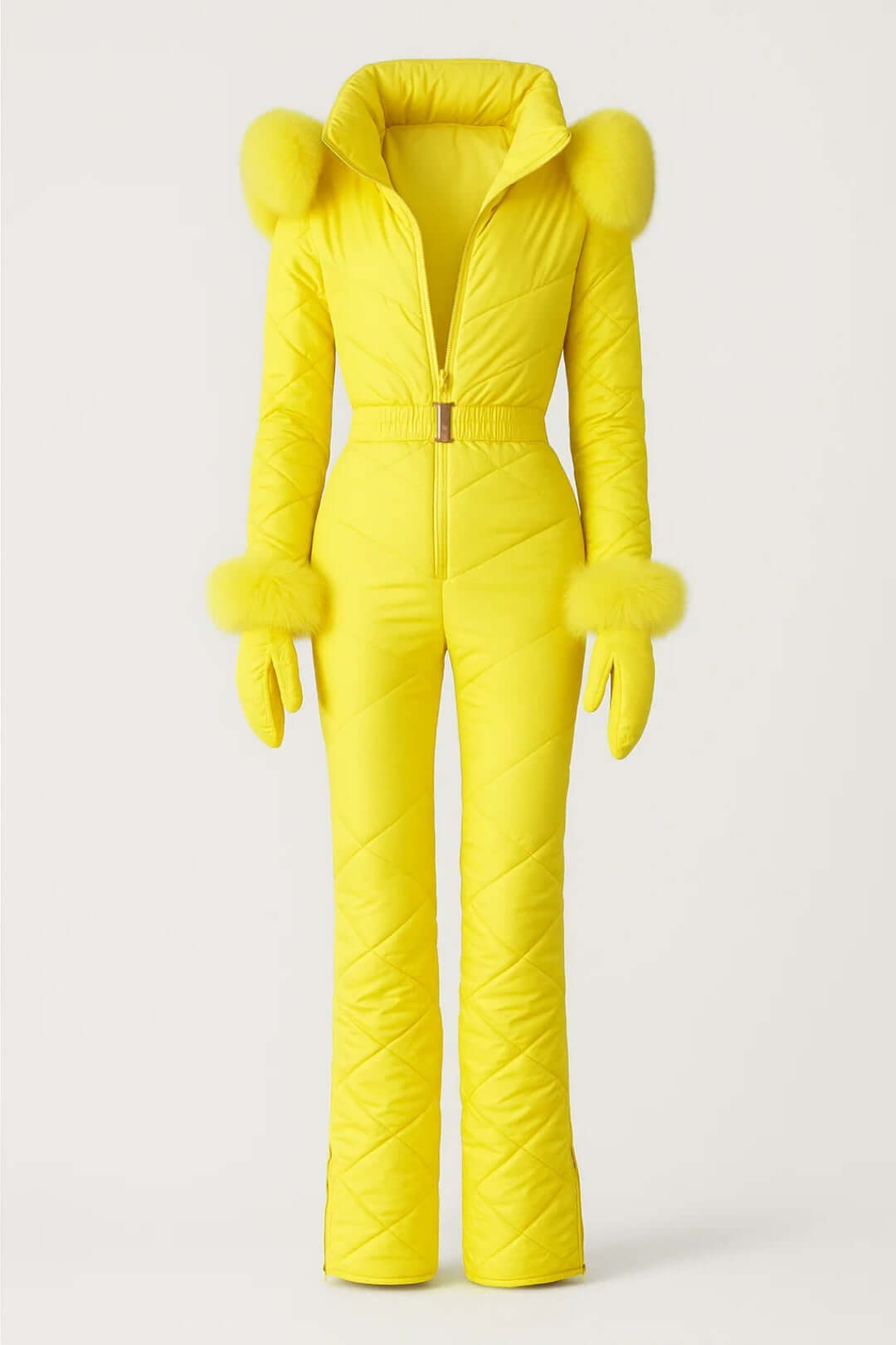 Ladies' tailored yellow ski suit, a stylish and warm one-piece snow apparel set for active winter sports.