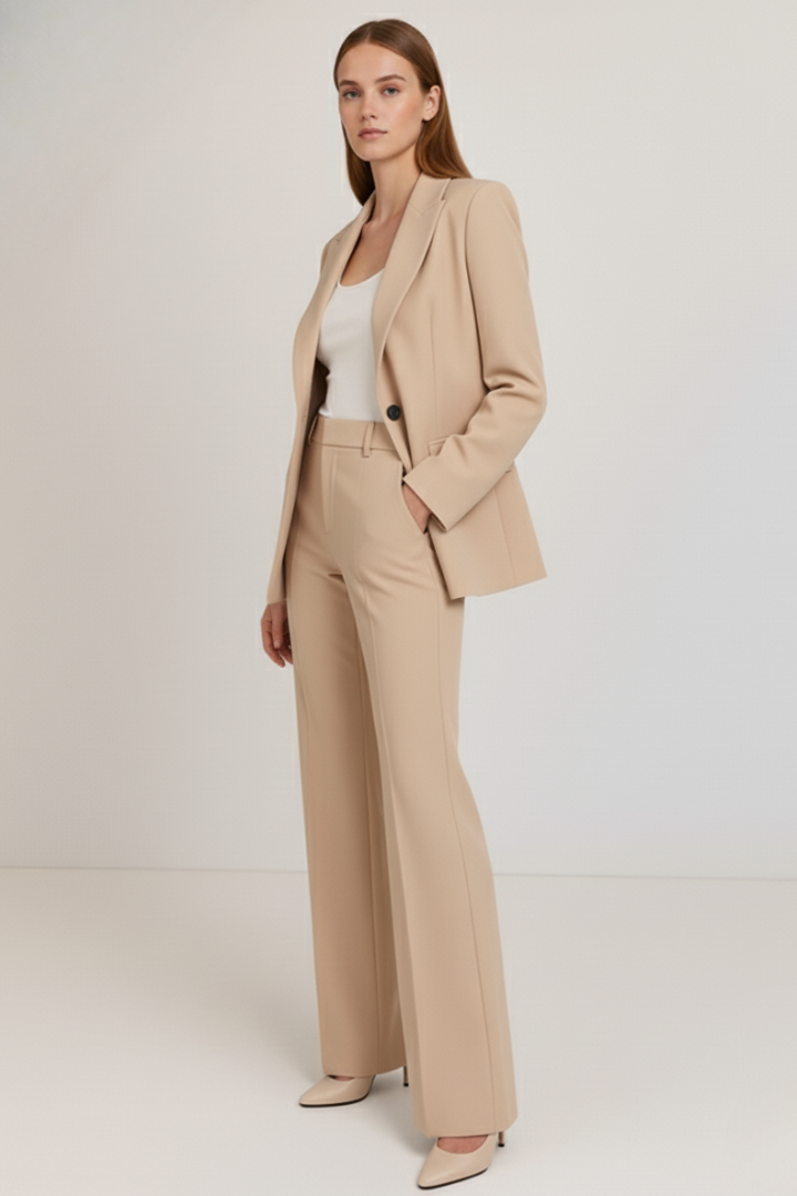 Modern women's tailored pantsuit set. Stylish blazer & trousers for a sophisticated business and office look.