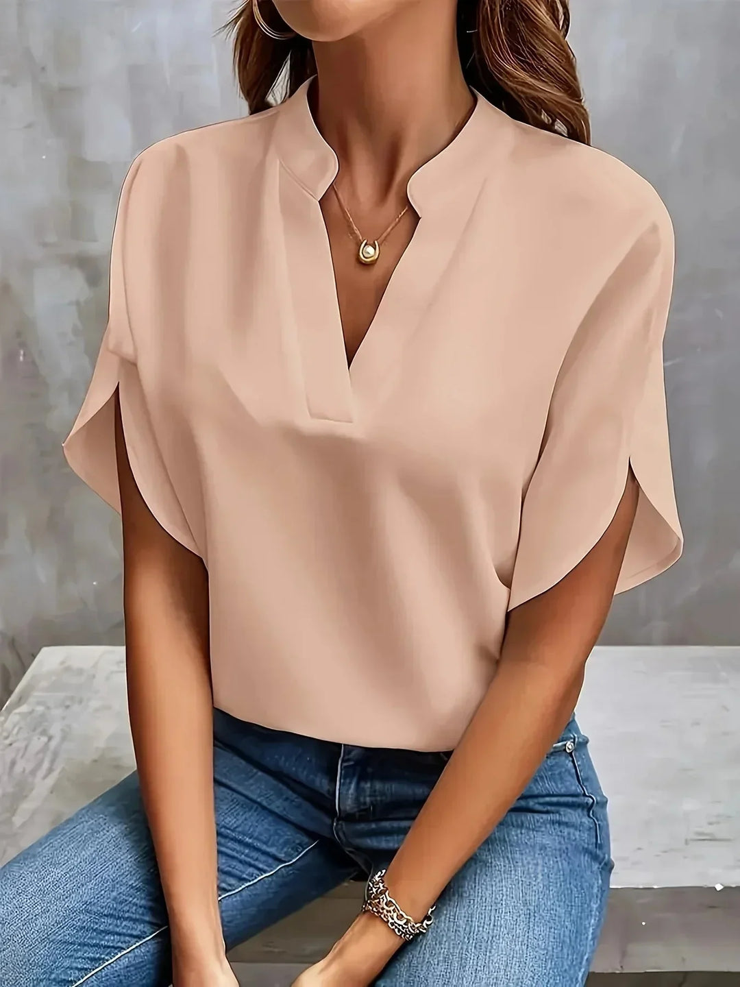 Summer women's V-neck blouse. Tailored short sleeve top, elegant and sophisticated for office or casual.