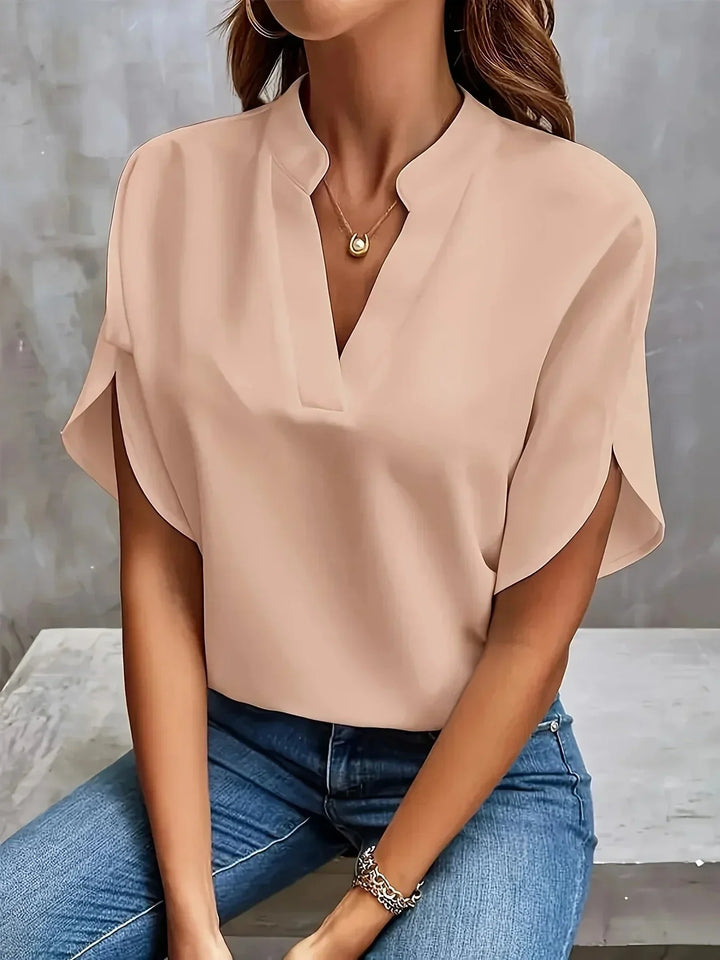 Summer women's V-neck blouse. Tailored short sleeve top, elegant and sophisticated for office or casual.