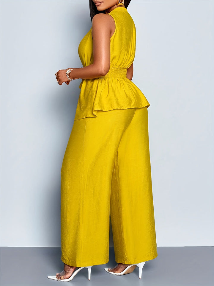 Elegant women's co-ord set with sleeveless V-neck peplum top & wide leg trousers. Versatile for events.