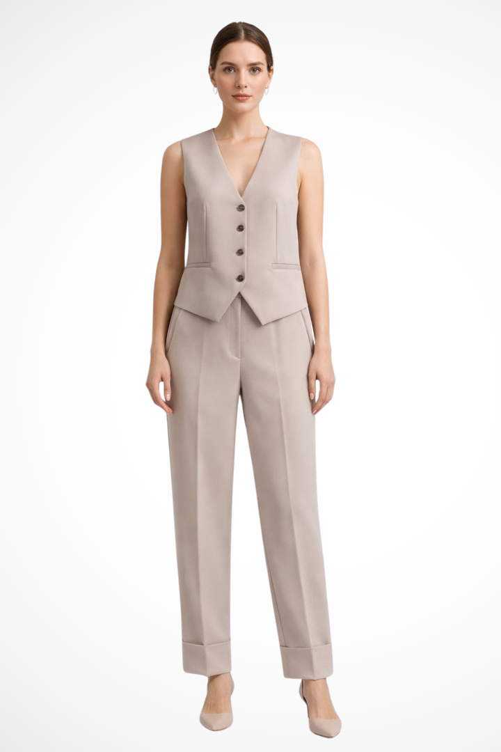 Women's tailored waistcoat & straight leg trousers 2 piece set. Elegant, professional workwear suit.