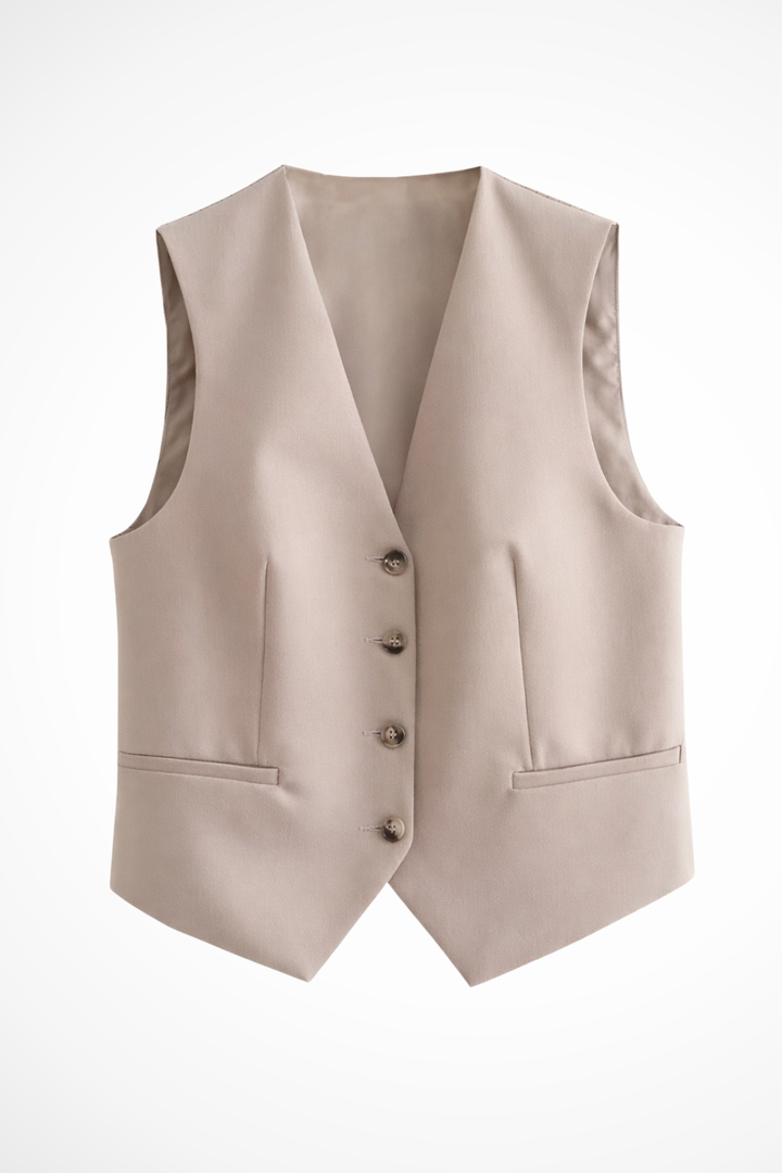 Sophisticated women's straight leg trousers, matching an elegant tailored waistcoat. Versatile workwear.