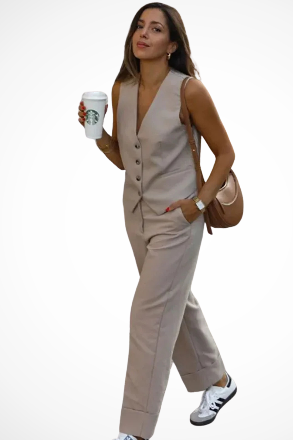 Professional women's tailored suit, featuring a chic waistcoat & straight leg trousers. Ideal business casual workwear.
