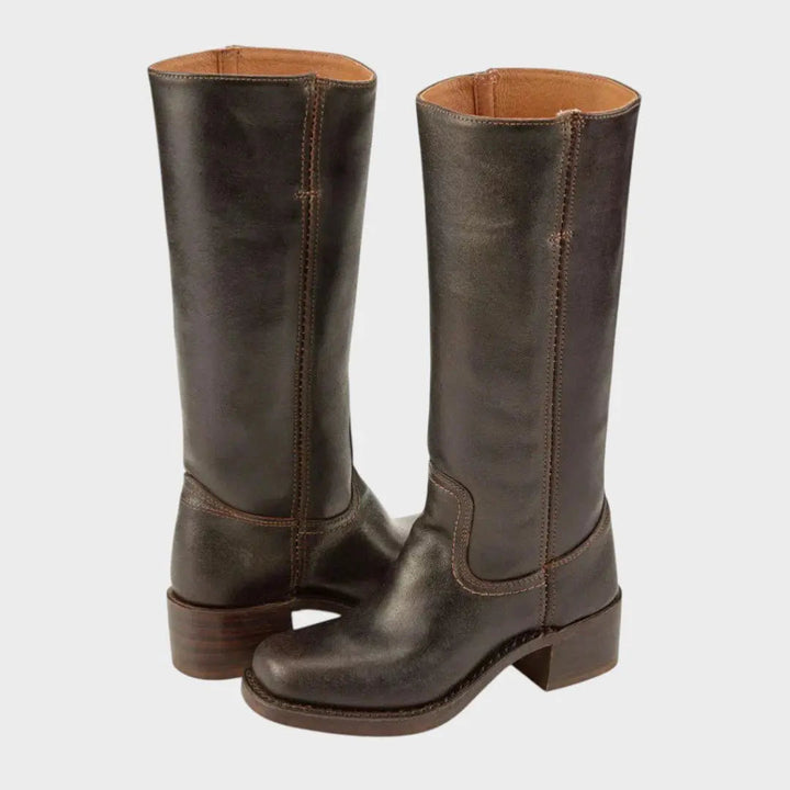 Women's tall equestrian boots with block heel in classic dark brown & black. Perfect for riding or fashion.