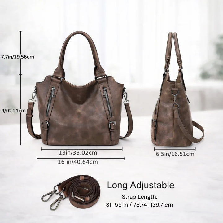 Rich tan faux-leather slouchy bag, a stylish crossbody or shoulder option for women.