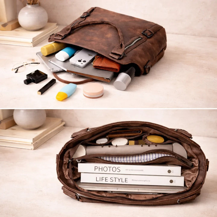 Tan faux-leather slouchy crossbody bag with one zipper pocket slightly open, showing interior.