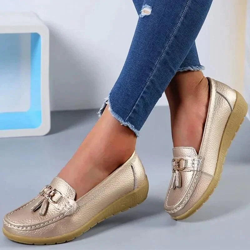 Versatile women's tassel loafers, flat shoes with a gold buckle & moc toe. Great for casual & dress.