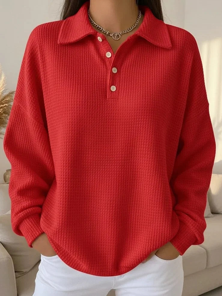 Women's textured knit polo sweater, long-sleeve, featuring an elegant button placket, ideal for autumn & winter fashion.