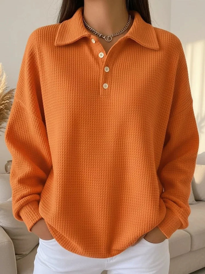Cozy women's long-sleeve textured knit polo sweater, soft and stylish, a must-have for autumn-winter fashion.