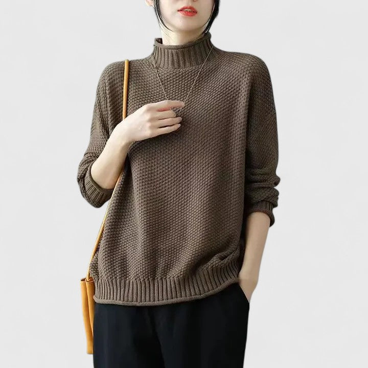 Comfortable women's textured mock neck jumper, ideal for casual everyday autumn wear.