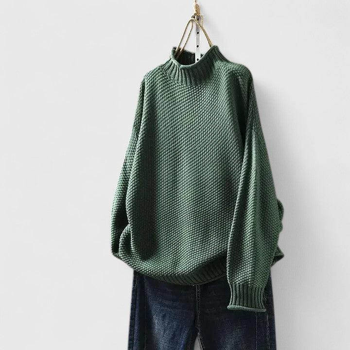 Versatile women's textured mock neck sweater, casual & elegant for winter fashion.