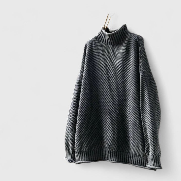 Full view of a women's long sleeve textured mock neck sweater, perfect for autumn outfits.