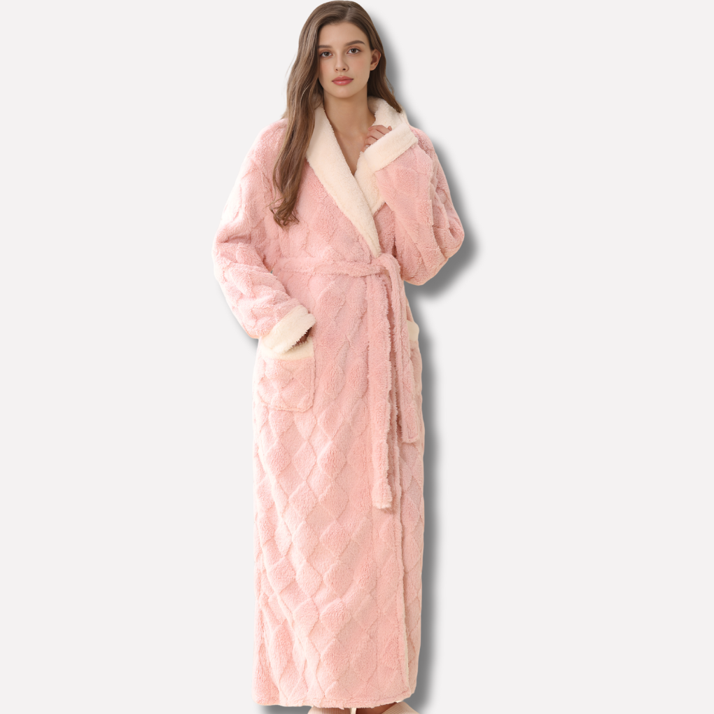 Women's thick hooded flannel bathrobe in plush pink for ultimate cozy comfort and warmth.