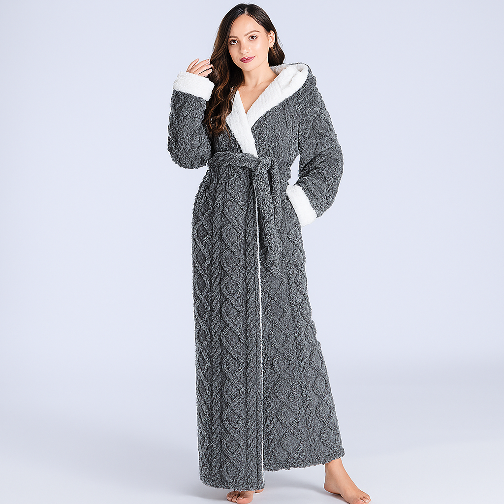 Cozy gray flannel bathrobe for women featuring a warm hood, perfect for winter loungewear.
