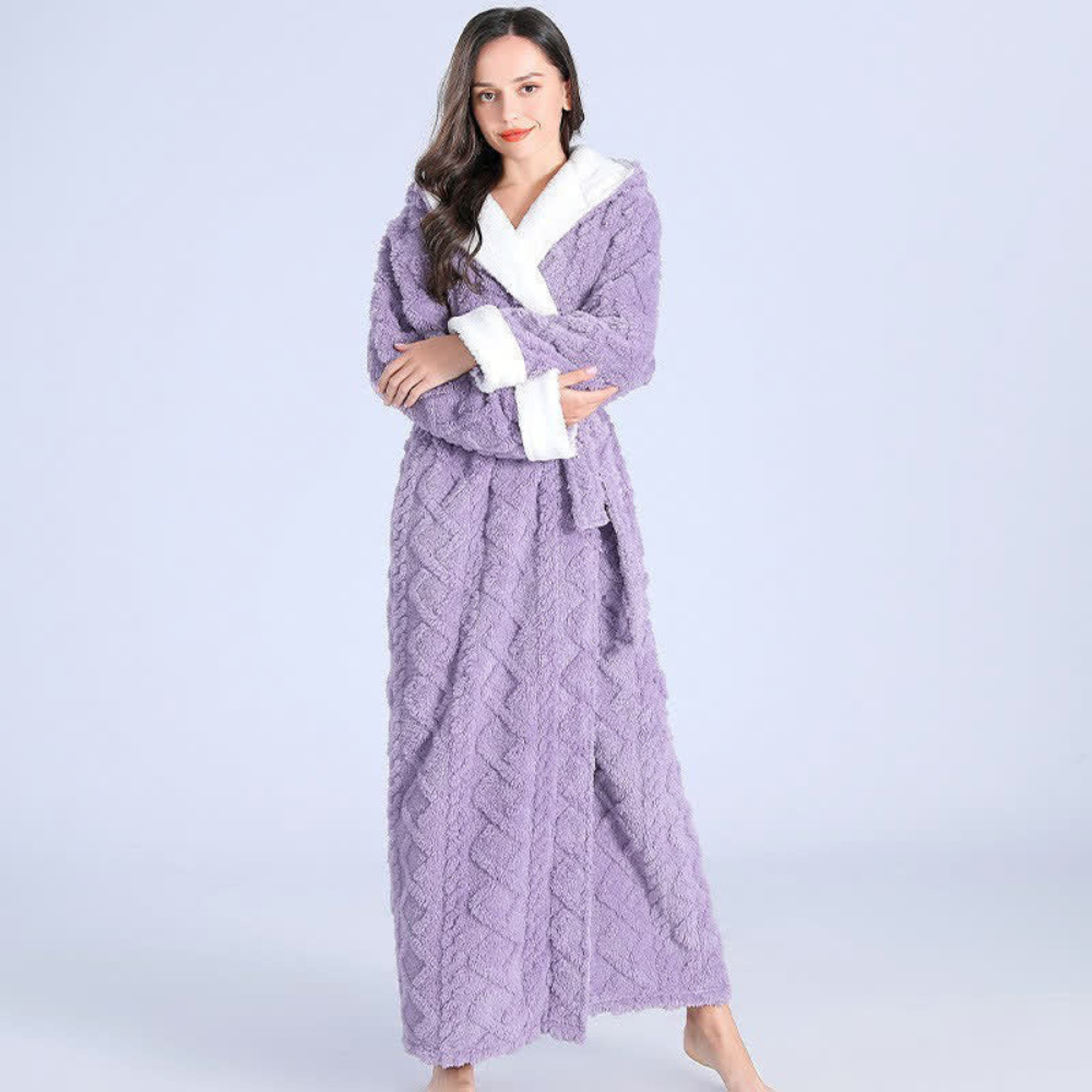 Soft purple hooded flannel robe for women, ideal as plush winter sleepwear or a thoughtful gift.