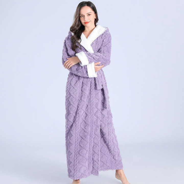 Soft purple hooded flannel robe for women, ideal as plush winter sleepwear or a thoughtful gift.