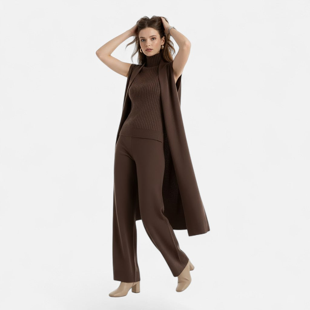 Sophisticated knitwear: women's 3-piece ensemble with cardigan and trousers.