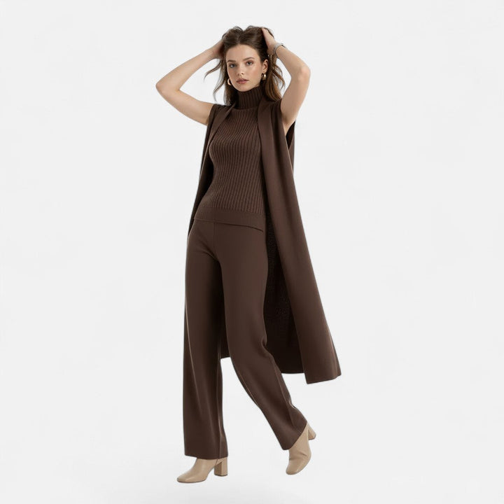 Sophisticated knitwear: women's 3-piece ensemble with cardigan and trousers.