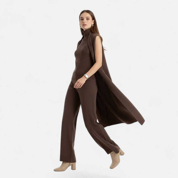 Effortless style: women's knit vest, cardigan, and trouser set for any occasion.
