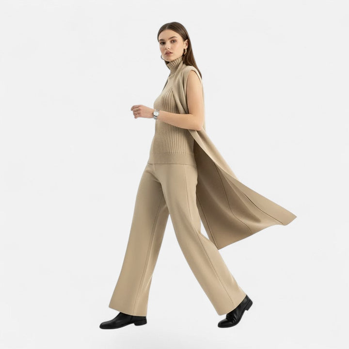Perfectly coordinated women's knit three-piece set: vest, cardigan, trousers.
