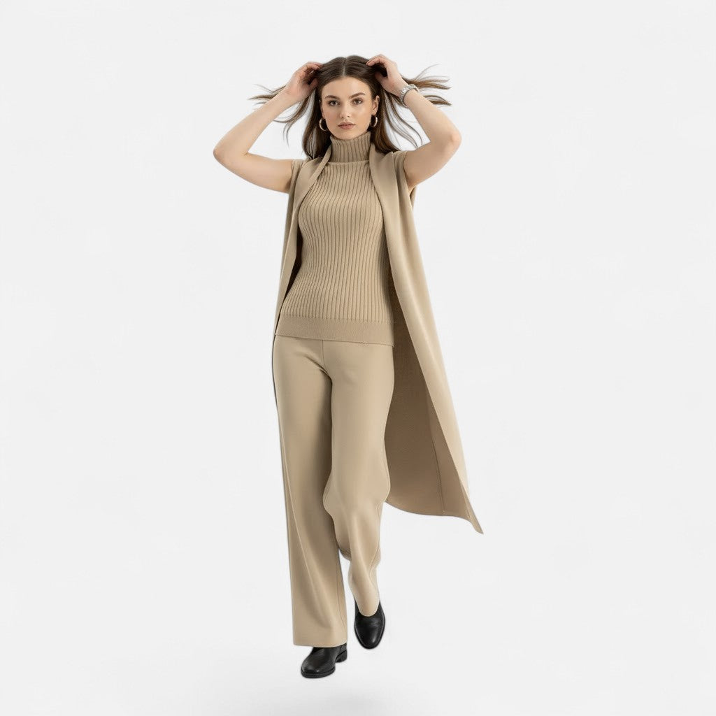 Elegant knit trouser set for women, including a matching vest and cardigan.