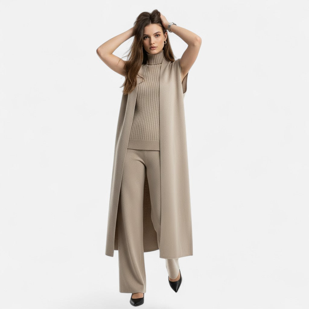 Elegant casual outfit: women's 3-piece knitwear set with trousers.