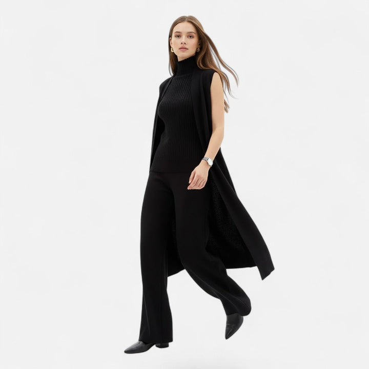 Stylish women's three-piece knit trouser set for a chic layered look.