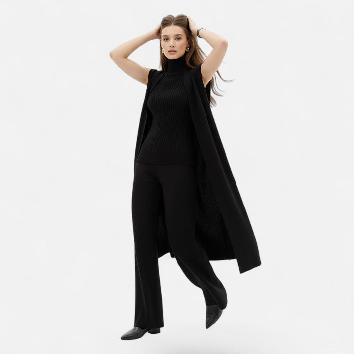 Comfortable and fashionable: women's knit cardigan, vest, and trouser set.