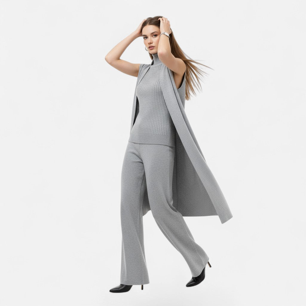 Complete outfit: women's knit vest, cardigan, and trouser coordination.