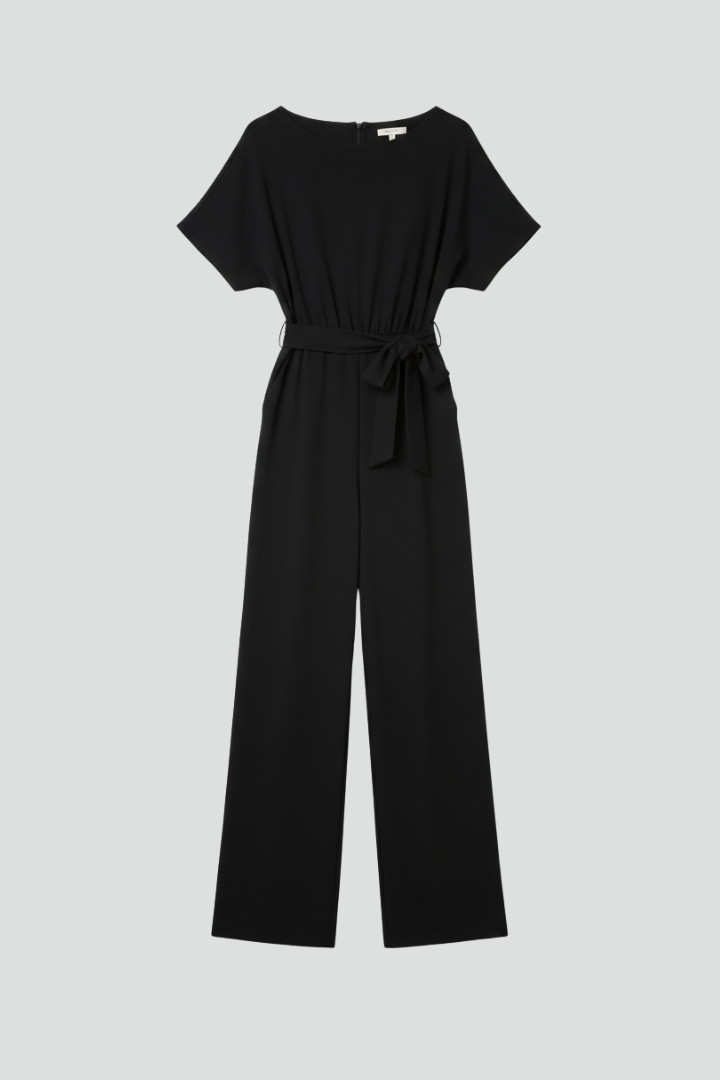Women's tie-belt wide-leg jumpsuit for summer. Classic, comfortable & chic one-piece style.