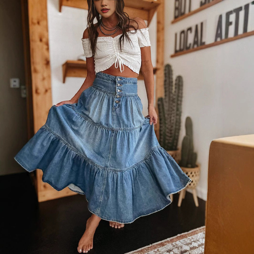 Flowy women's tiered maxi skirt, featuring a stylish button front & trendy raw hem for summer.