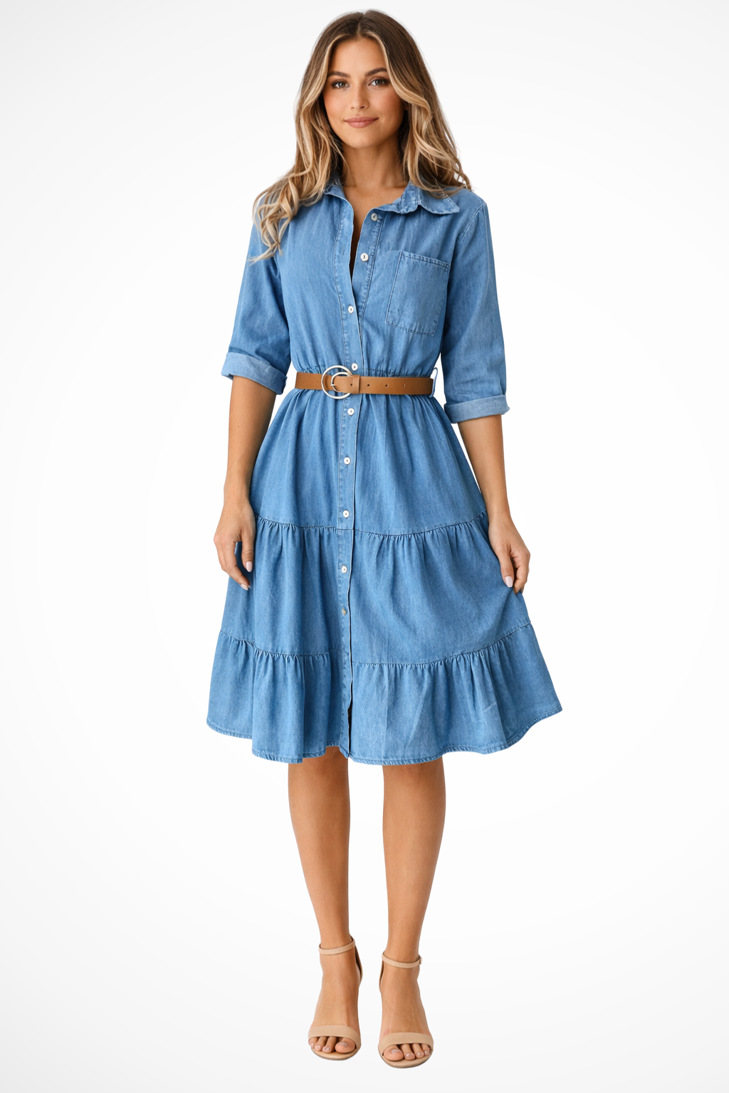 Women's tiered midi shirt dress with a belt, button-front, perfect for casual spring and summer elegance.