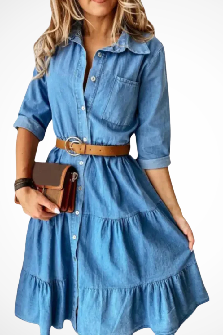 Elegant blue tiered midi shirt dress for women, featuring a stylish belt and versatile button-front design.