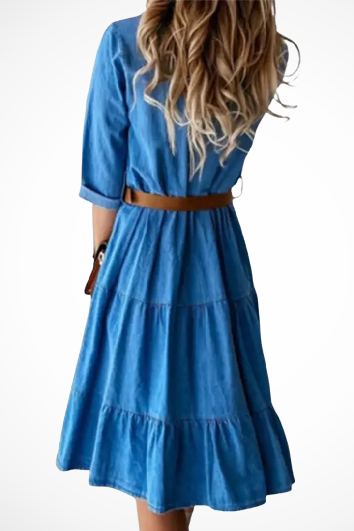 Comfortable women's belted tiered midi shirt dress, a versatile casual dress for spring & summer fashion.