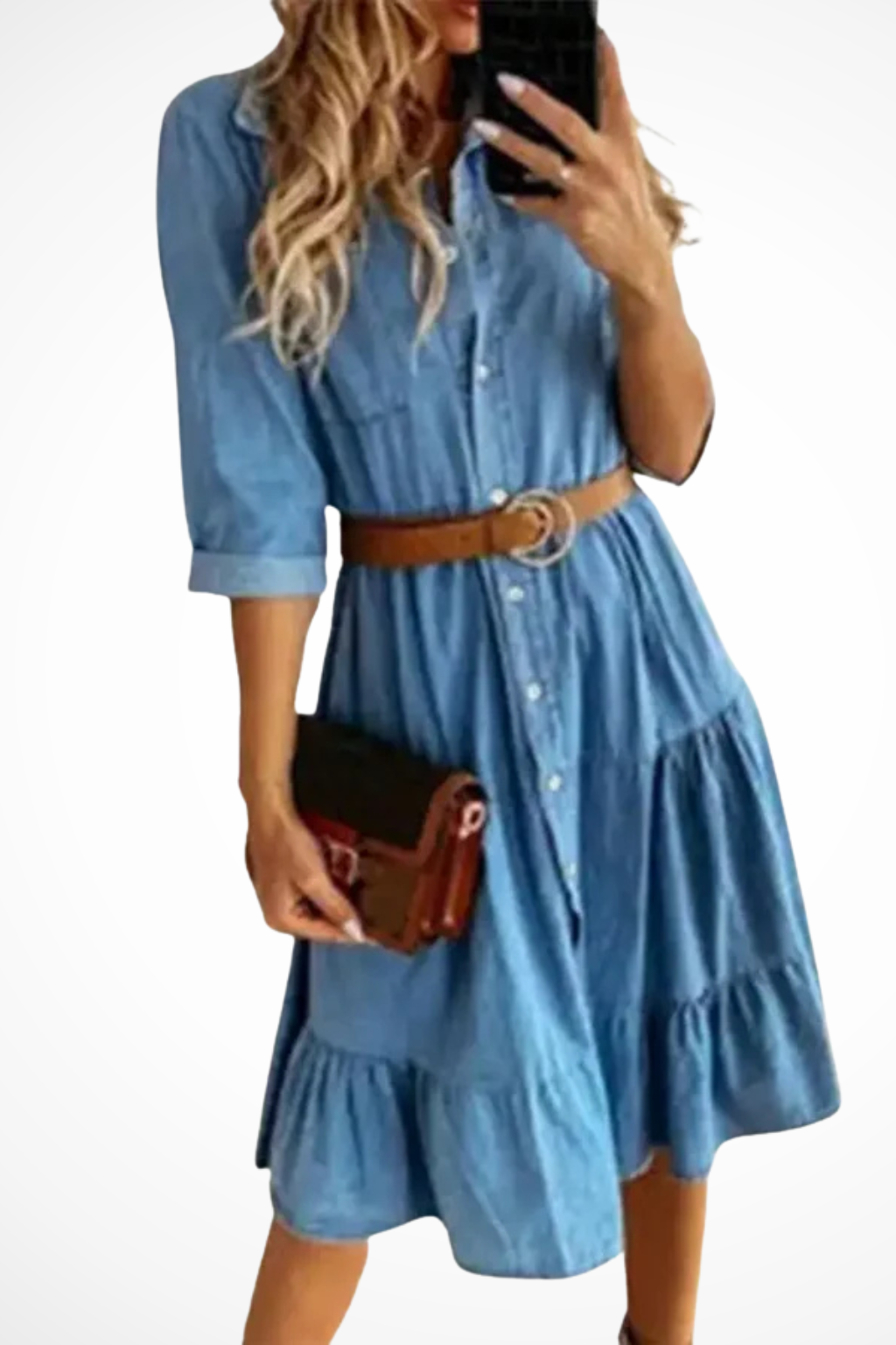 Stylish women's button-front tiered midi shirt dress with an adjustable belt, ideal for a chic, casual look.