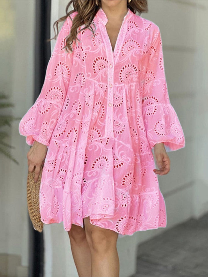Short women's dress, tiered with bohemian balloon sleeves. A charming & casual summer fashion piece.
