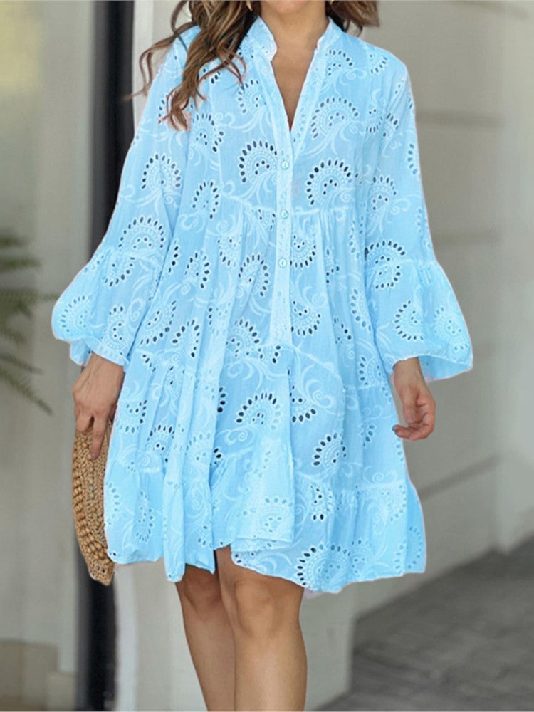 Women's tiered balloon sleeve mini dress. Eyelet embroidery adds bohemian charm to this summer party outfit.