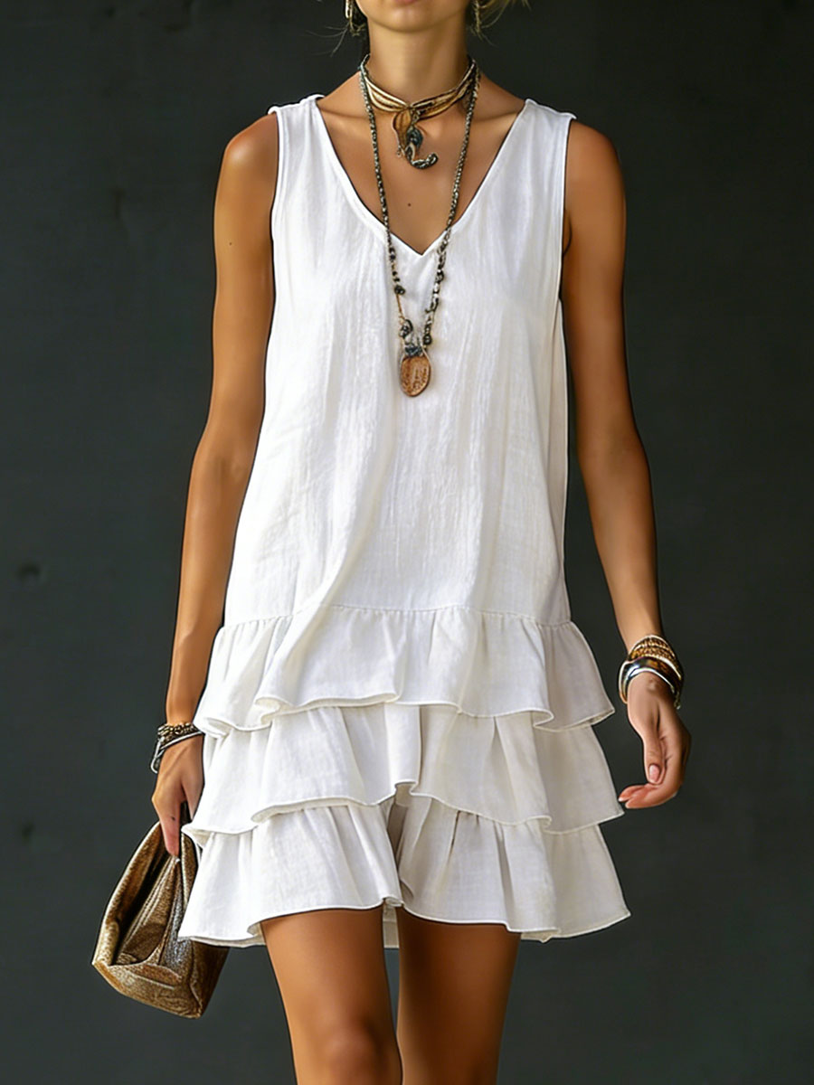 Women's tiered ruffle mini dress. Sleeveless V-neck, relaxed fit, perfect for casual summer fashion.