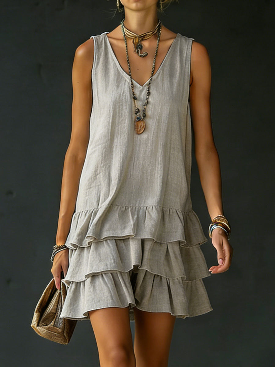 Elegant sleeveless tiered mini dress with playful ruffles. Versatile women's fashion for day or evening wear.
