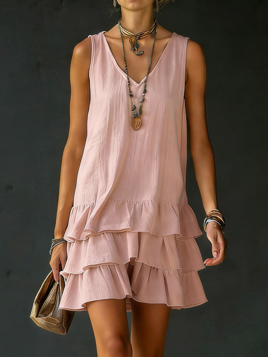 Casual V-neck mini dress, featuring stylish tiered ruffles. Ideal relaxed fit summer dress for women.