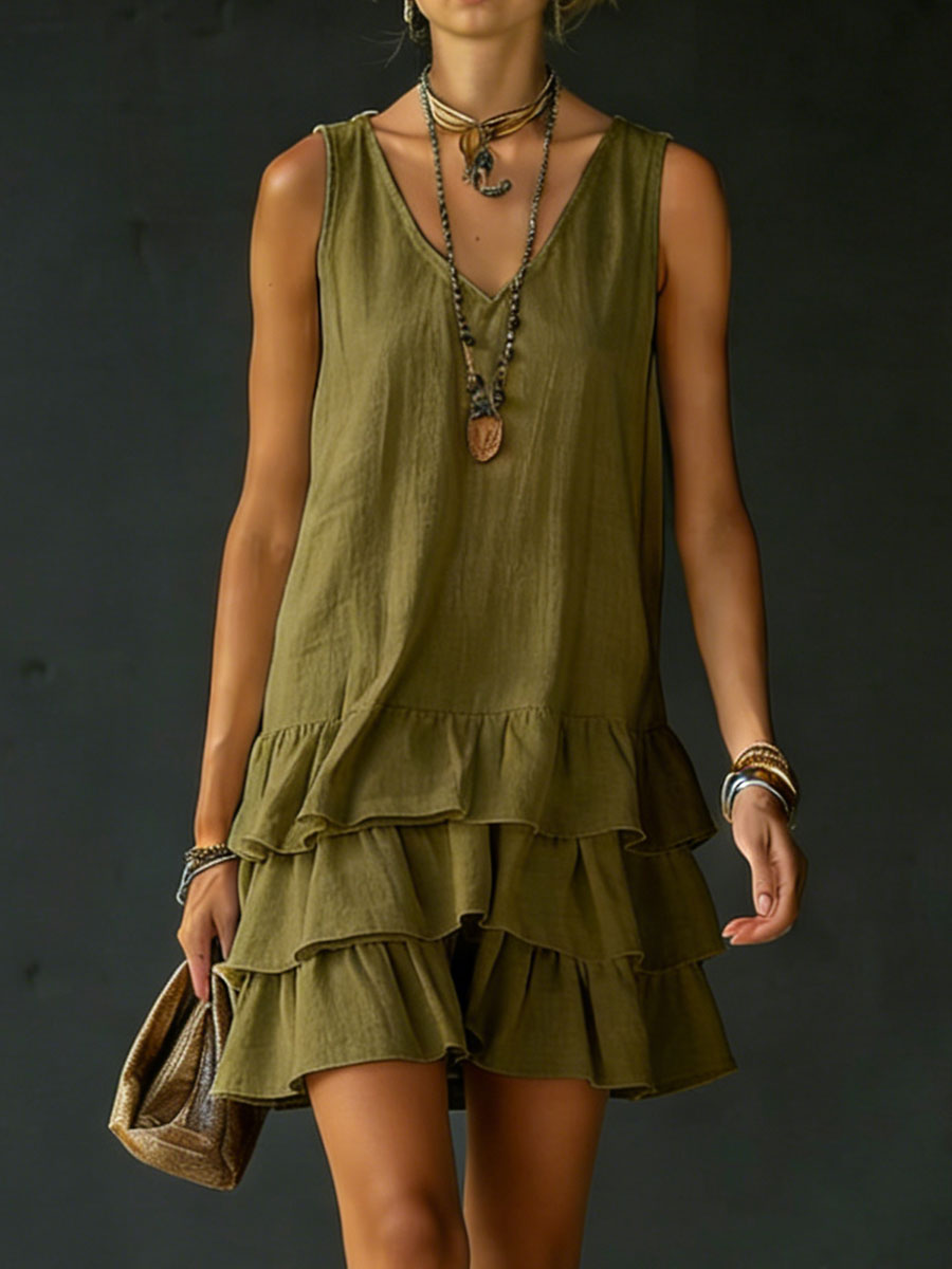 Chic women's tiered mini dress with delicate ruffles. Sleeveless and versatile, a must-have summer day dress.
