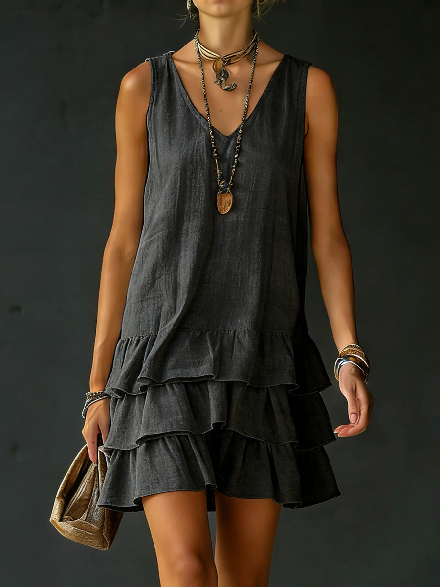 Effortless style: V-neck tiered ruffle mini dress. Comfortable relaxed fit, perfect for women's casual fashion.
