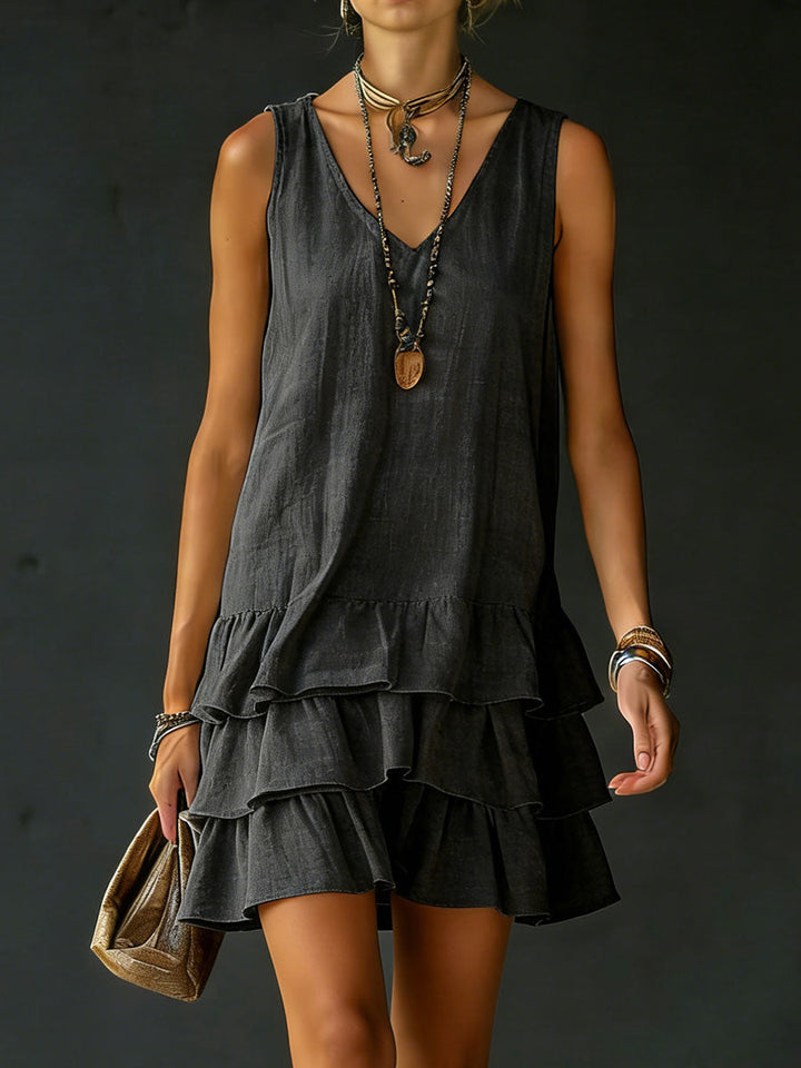 Effortless style: V-neck tiered ruffle mini dress. Comfortable relaxed fit, perfect for women's casual fashion.