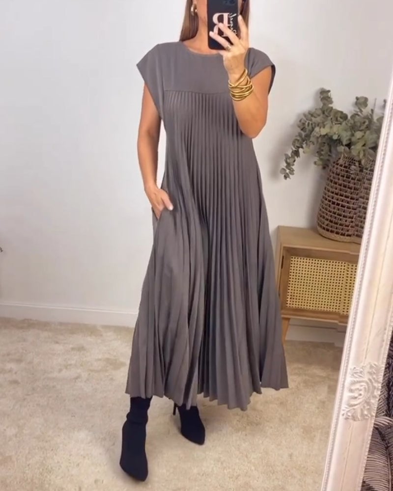 Comfortable flowy A-Line midi dress for women. Perfect casual summer wear, timeless style.