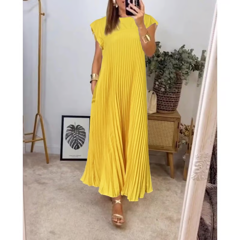 Elegant women's flowy A-Line midi dress. Timeless comfort for any occasion, summer fashion.