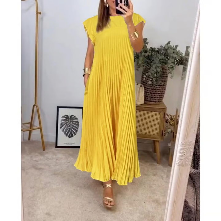 Elegant women's flowy A-Line midi dress. Timeless comfort for any occasion, summer fashion.