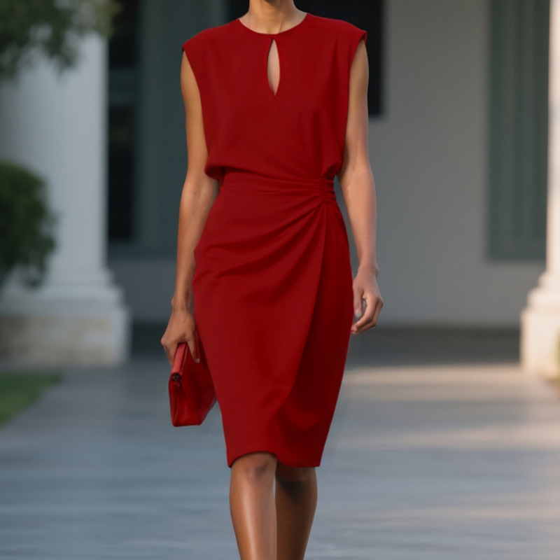 Stylish cocktail midi dress for women, featuring a sophisticated keyhole neckline and flattering ruched waist.