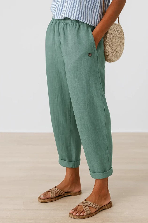 Plain women's trousers, a versatile cotton blend straight leg design, offering ultimate comfort for everyday casual outfits.